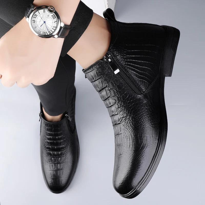 Модные зимние плюшевые мужские ботинки челси из натуральной кожи, кожаные мужские дизайнерские ботильоны, модные повседневные деловые формальные ботинки, ковбойские сапоги