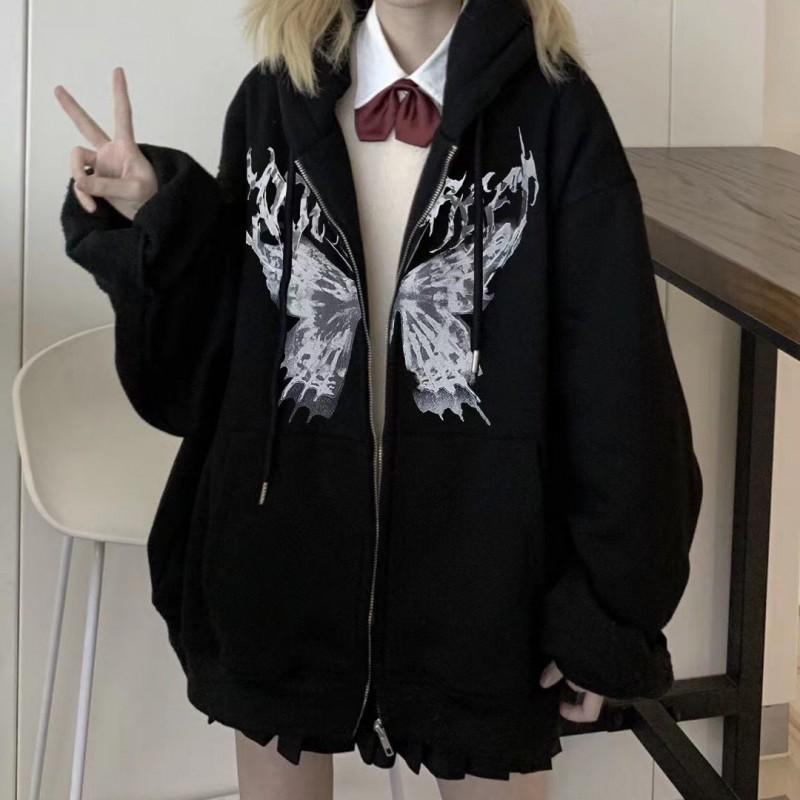 Mens Hooded Zip-Up Sweatshirt With Butterfly Print Gothic Style Loose Fit Winter Casual Wear