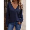 Women's Autumn Winter Solid Color V-neck Loose Long Sleeved T-shirt Button Top Blouses & Shirts