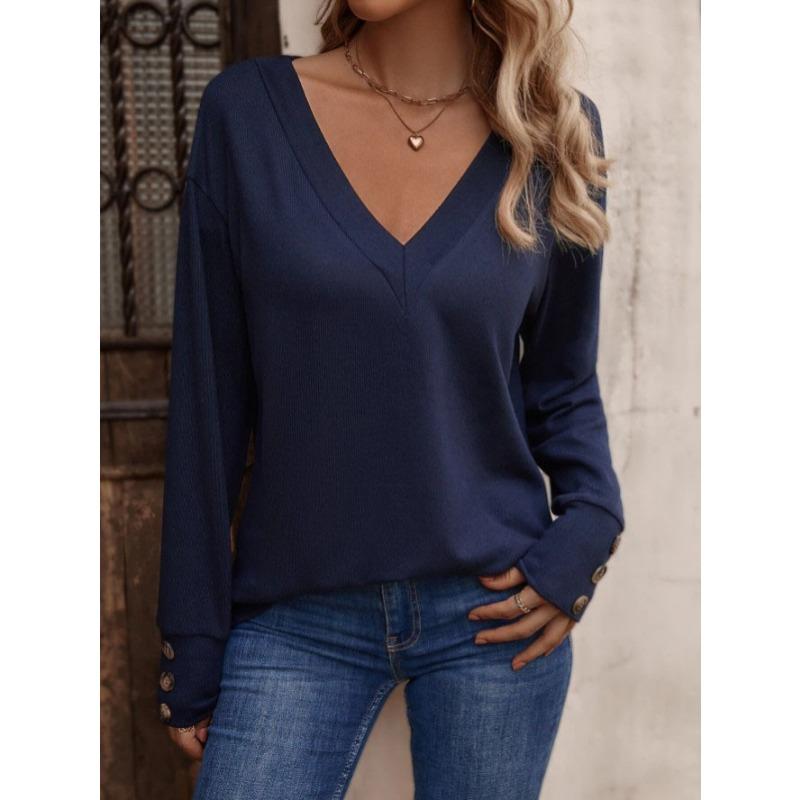 Women's Autumn Winter Solid Color V-neck Loose Long Sleeved T-shirt Button Top Blouses & Shirts