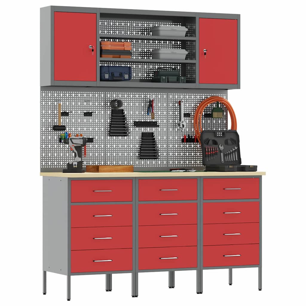 Workbench with Drawers 7 pcs Red Engineered Wood and Steel