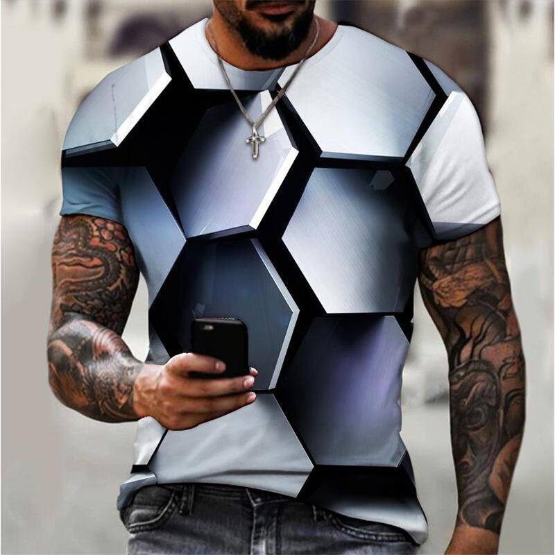 Short Sleeved Round Neck Loose Casual Men's T-shirt, Men's Geometric T-shirt