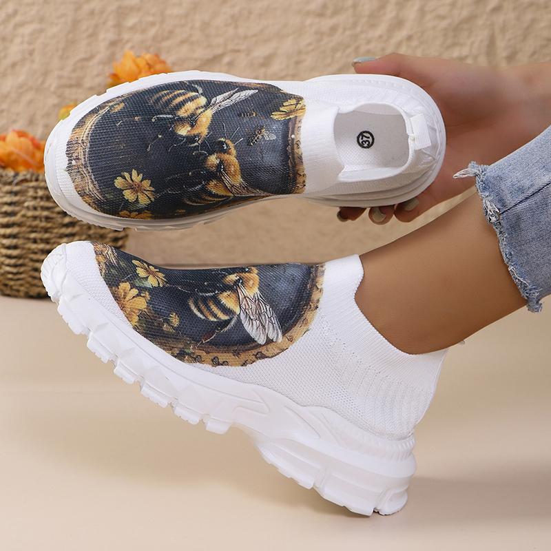 Cute Animals Printed Sock Shoes Women Comfortable Breathable Knitted Platform Sneakers Woman Slip On Thick Sole Walking Shoes 43