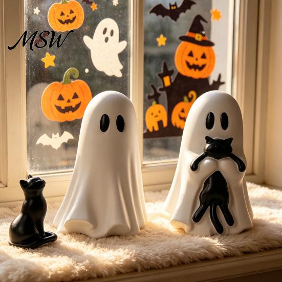 Cute Resin Ornament for Home Decor Halloween Ornament, Ghost Hugging A Black Cat Sculpture, Small Collectible Unique Figurine, Bedroom Entrance