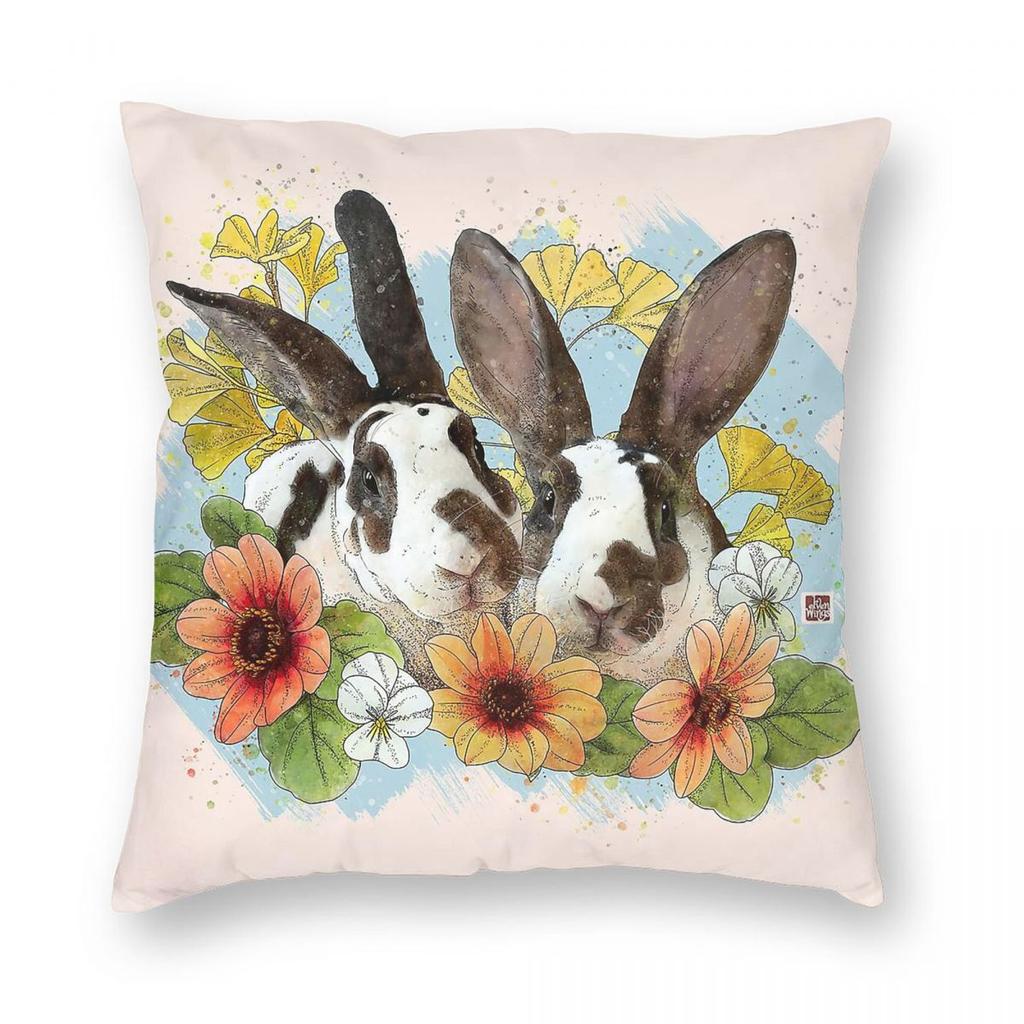 Bunny Floral Nature Square Pillowcase Polyester Linen Velvet Creative Zip Decor Sofa Cushion Cover