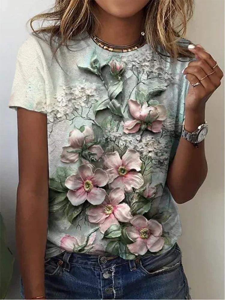 Summer New Fashion 3D Flower Print Women O-Neck T-Shirts Short Sleeve Casual Street Tee Loose Clothes Female Clothin