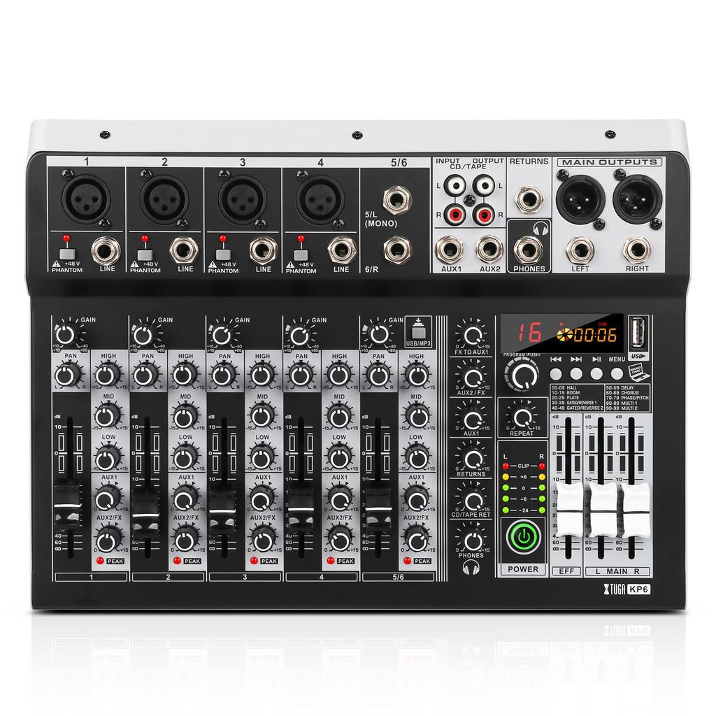 XTUGA KP 16 Bit DSP Effect USB Audio Interface Effect Phantom Applicable for Home Studio Live Recording Church Mixer, +48V Bluetooth, Recording,