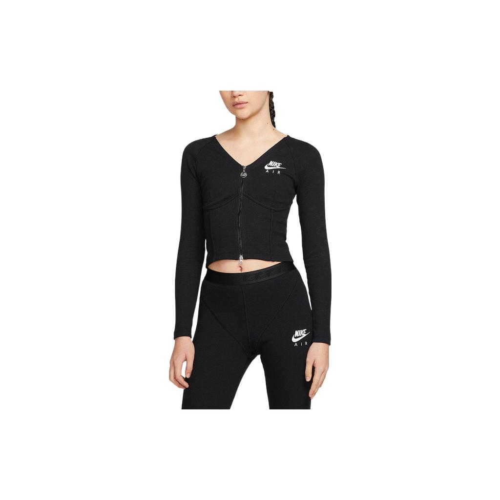 Nike Full Length Double Zipper Front Fitted Knitted Herringbone Print Long Sleeve T-Shirt Women Tops Black DM6067-010