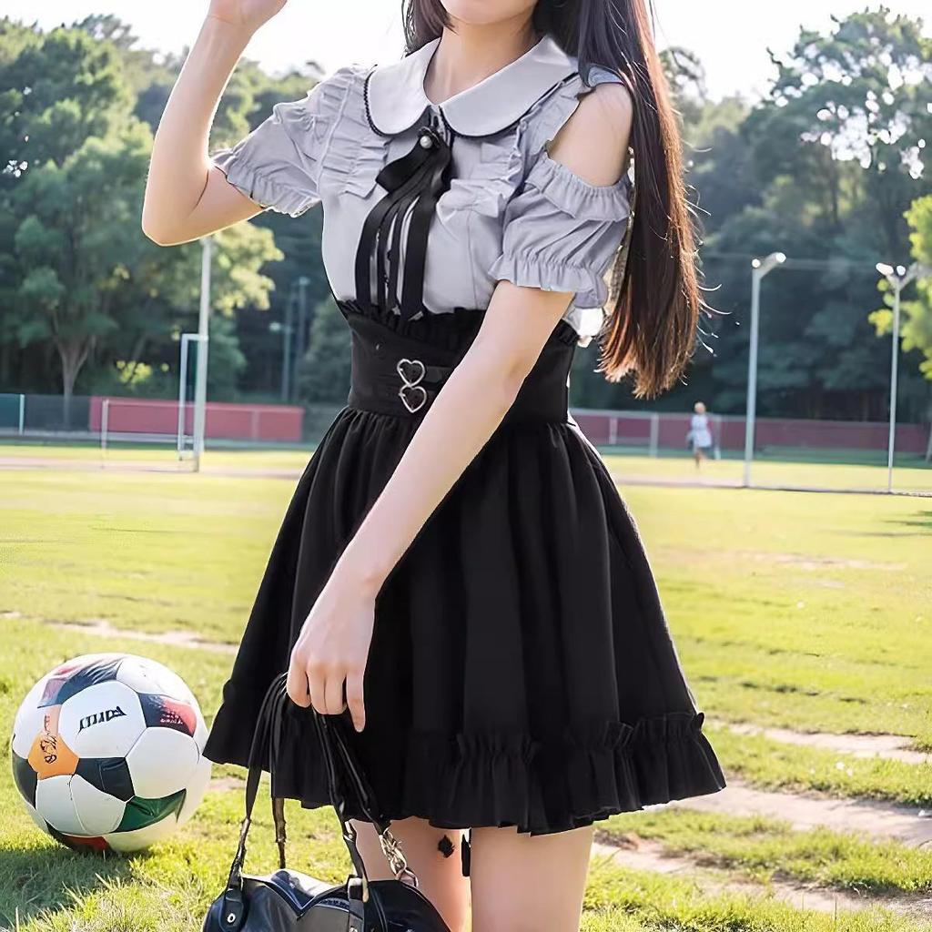 Petite Summer Two-Piece Set: Sweet Peter Pan Collar Off-Shoulder Blouse & High Waist Skirt.