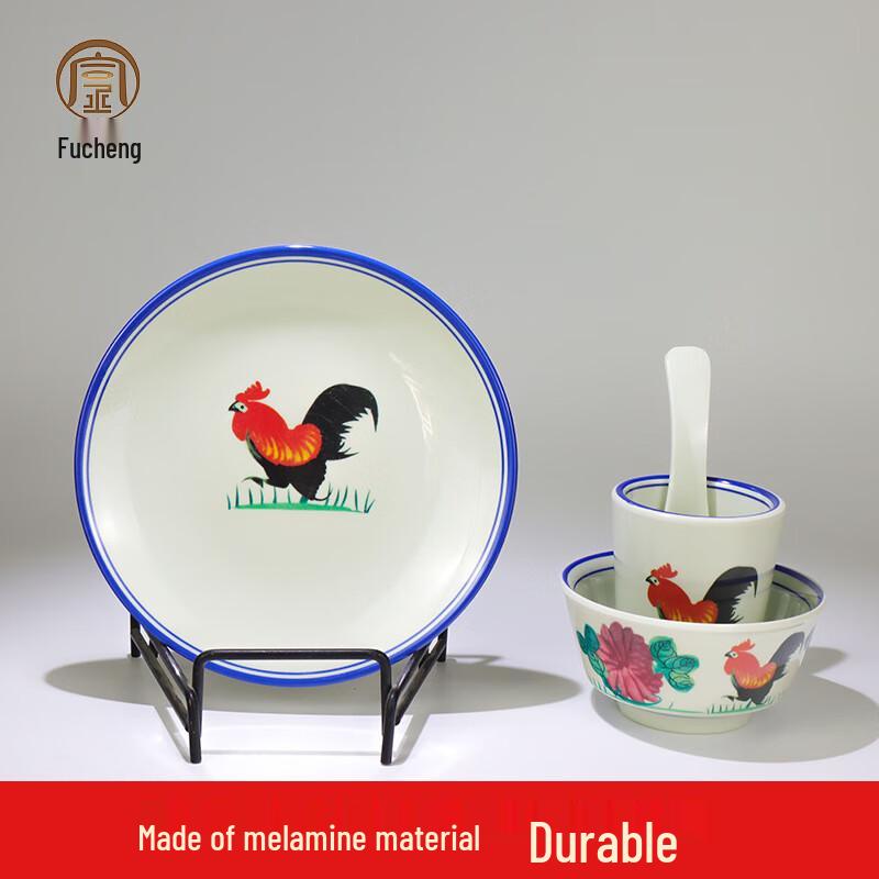 Retro Chinese Style Melamine Rooster Noodle Bowl (7-inch, 5-Pack)
