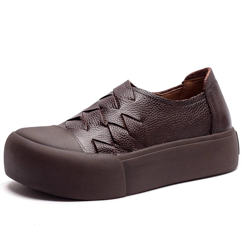 GKTINOO Весна Осень Ручная работа Натуральная кожа Ретро Женские Туфли на плоской подошве Мягкая подошва Плетеный дизайн Повседневная обувь
