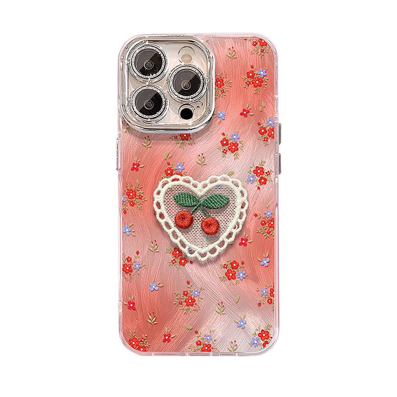 Embroidered Cherry Suitable for IPhone16 IPhone Case 15 Feather Yarn Fragrance 14 Promax Advanced Sense 13 Anti-fall