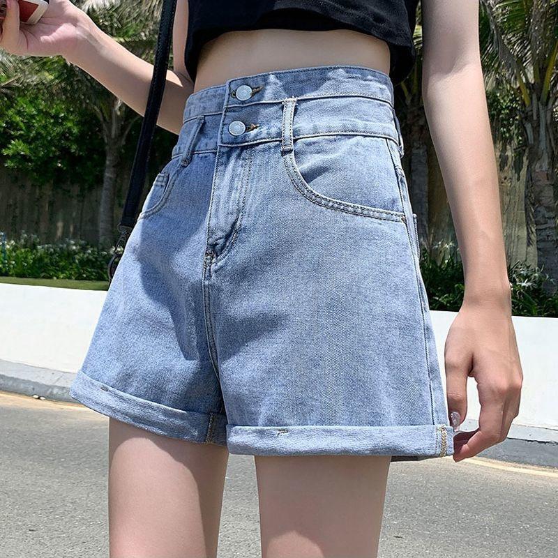 Pants Classic and Minimalist Fashion Versatile Thin Female High-waisted Double-breasted Thin Loose Wide-legged Pants Rolled Son Summer Denim Shorts