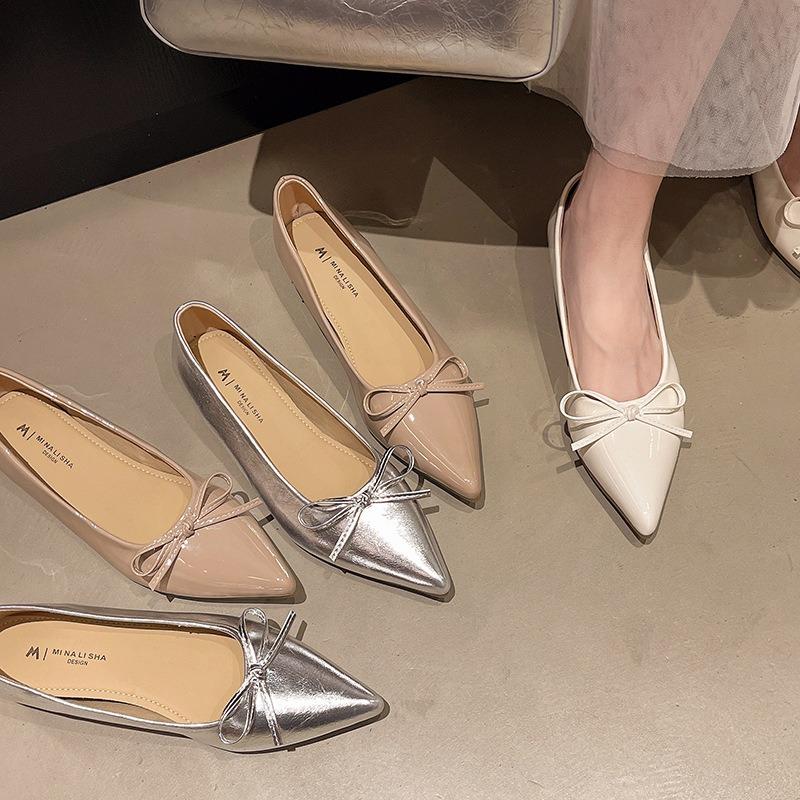 Beige Pointed Single Shoes Women's New Small Inner Height Increase Flats Versatile Bow Evening Shoes