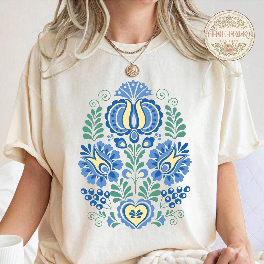 Scandinavian Folk Art Shirt, Nordic Flower Graphic Tee, Aesthetic Symmetrical Floral Tshirt, Comfort Colors Blue Tulip Gift, Boho Nature Top