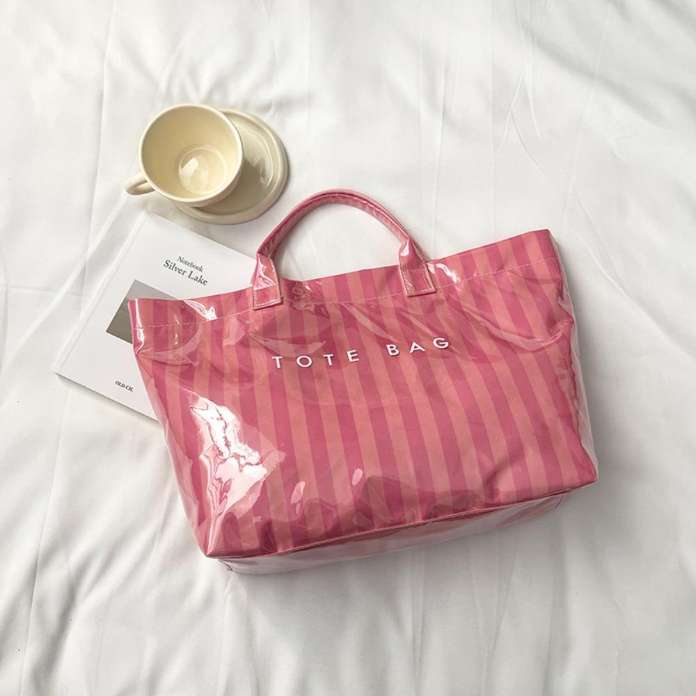 Stripe PVC Striped Tote Bag Letter Print Letter Prints Handbags Grocery Handbag