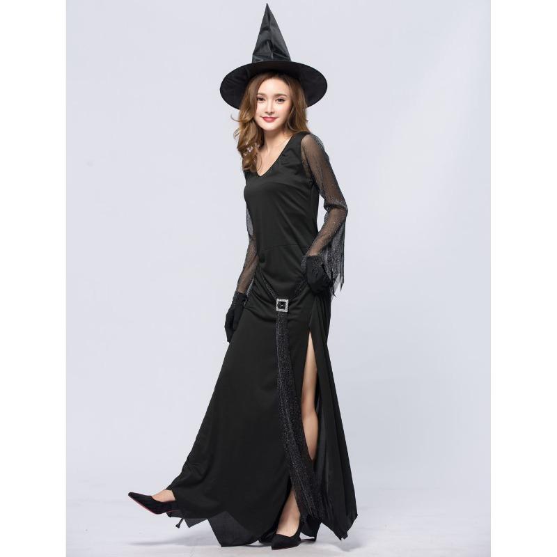 L New Halloween Black High Split Sexy Witch Dress Evil Witch Costume Stage Costume