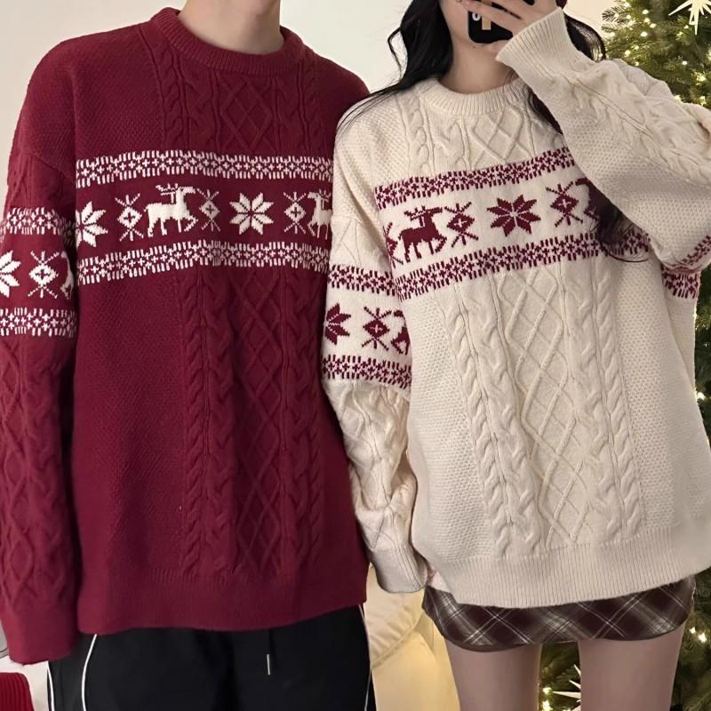 Unisex Nordic Christmas Knit Sweater With Deer Motif Cable Loose Fit Winter Pullover Teens Adults