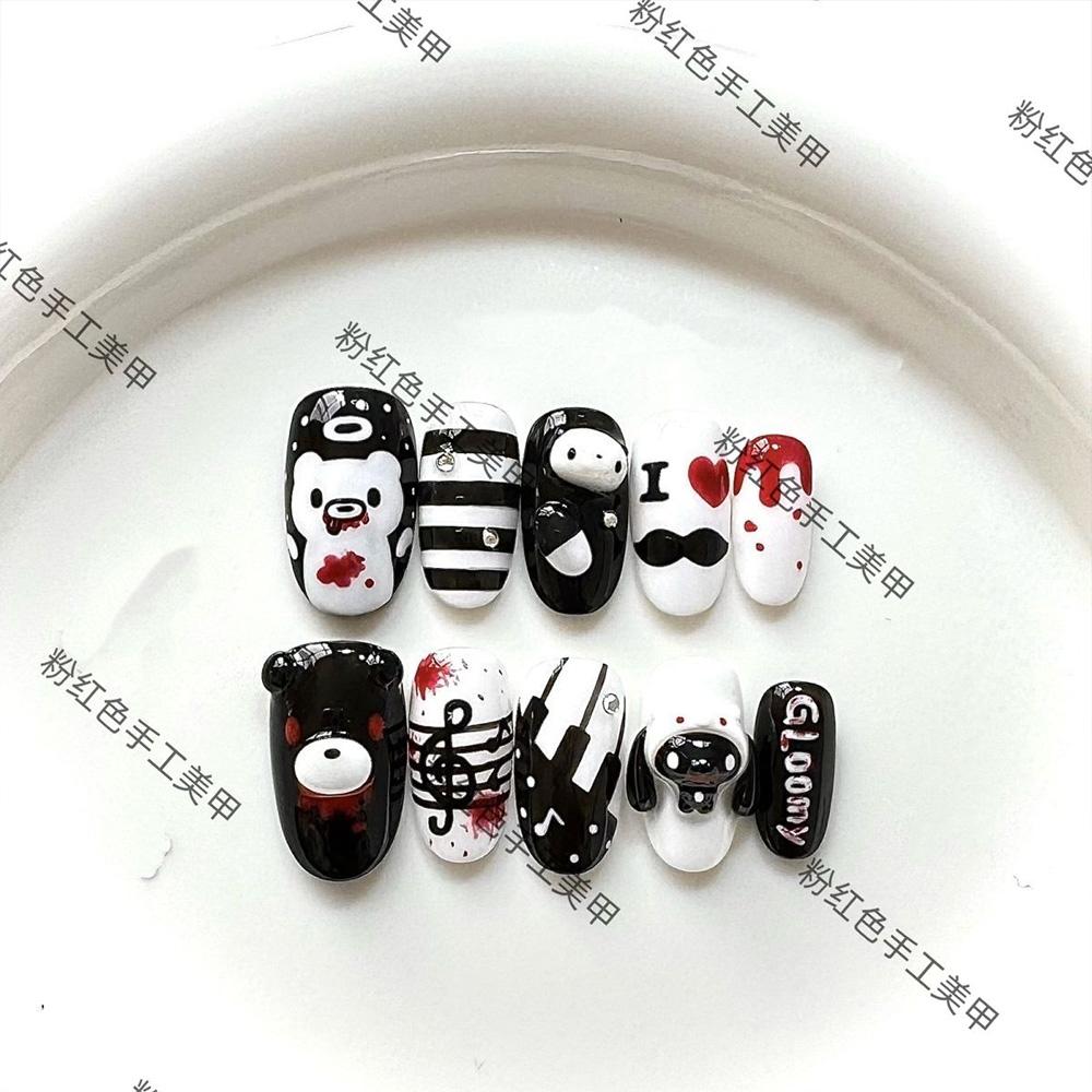 Y2K Retro Pearl Bear 3D Wing Bow Short Press On Nails Fake Nail Tips Party Birthday Gift Accessories