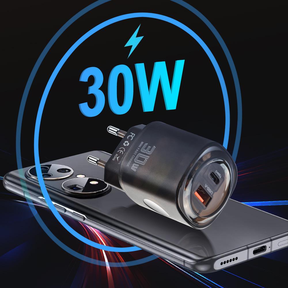 Быстрое зарядное устройство USB-C с двумя портами, 30 Вт, для мобильных телефонов (Штепсель US / EU)