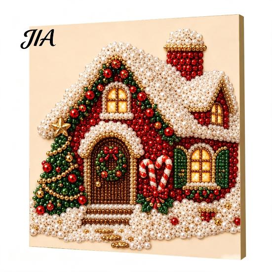 Indoor Decoration Ideas Christmas Faux Pearl Art Kit, Santa Snowy Cottage Painting DIY Festive Winter Home Decorations 3D Bead Craft Set for