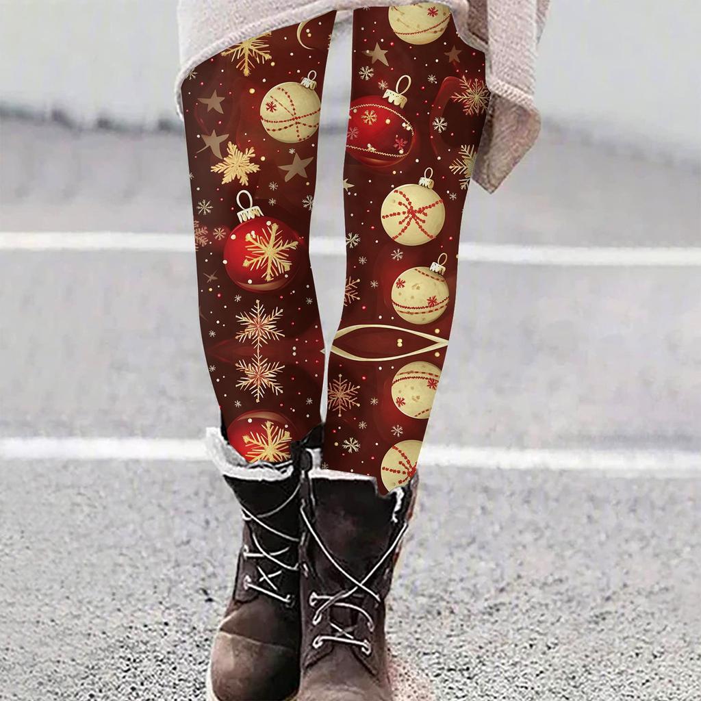 Women's Casual Christmas Tree Snowflake Print Slim Fit Elastic Yoga Pants Cropped Pants