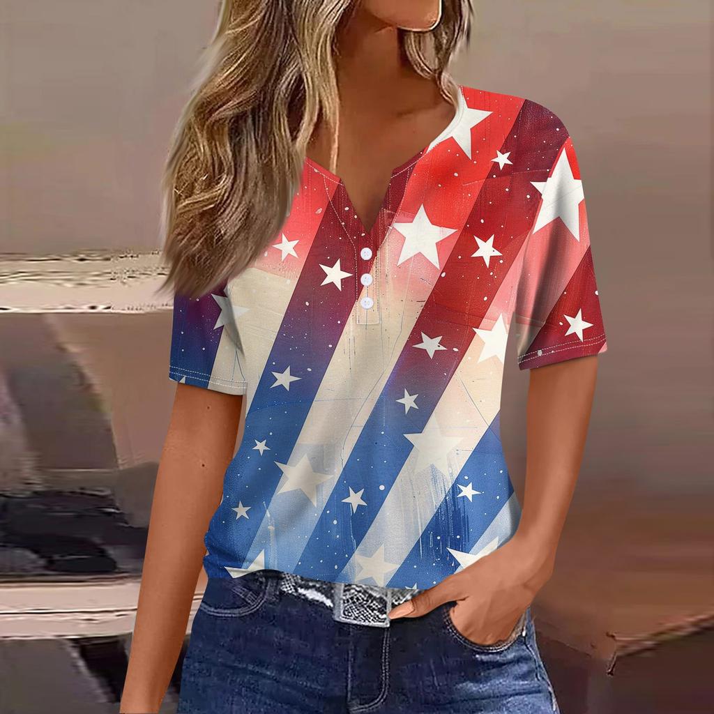 Жен. Футболка Футболка День независимости С принтом Пуговицы С короткими рукавами Повседневные Выходные Мода Классический Классический V-образный вырез Обычный Топ