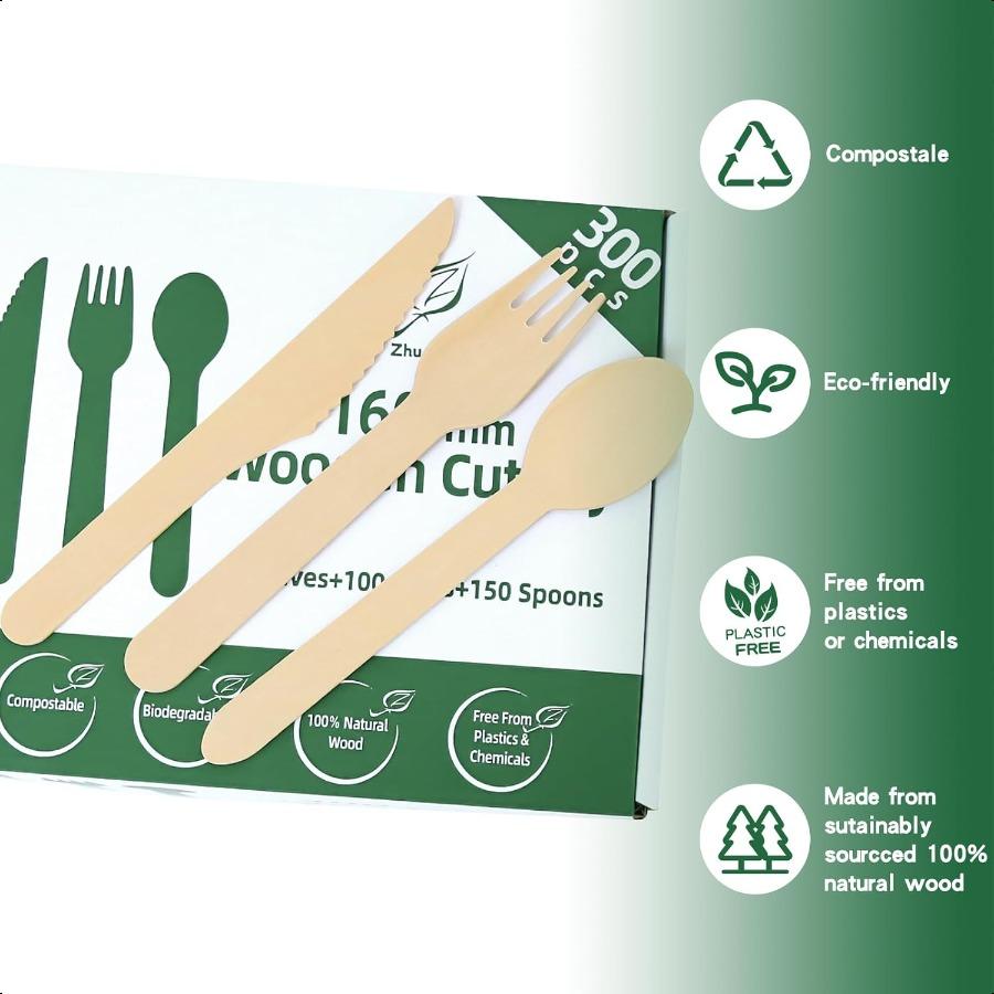 100% Compostable Wooden Cutlery Set 300PCS 160mm 50 Knives 100 Forks 150 Spoons Disposable Biodegradable with PlasticFree Packa
