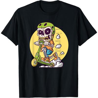 Skeleton Stunt Scooter Cartoon Cotton Men T Shirt