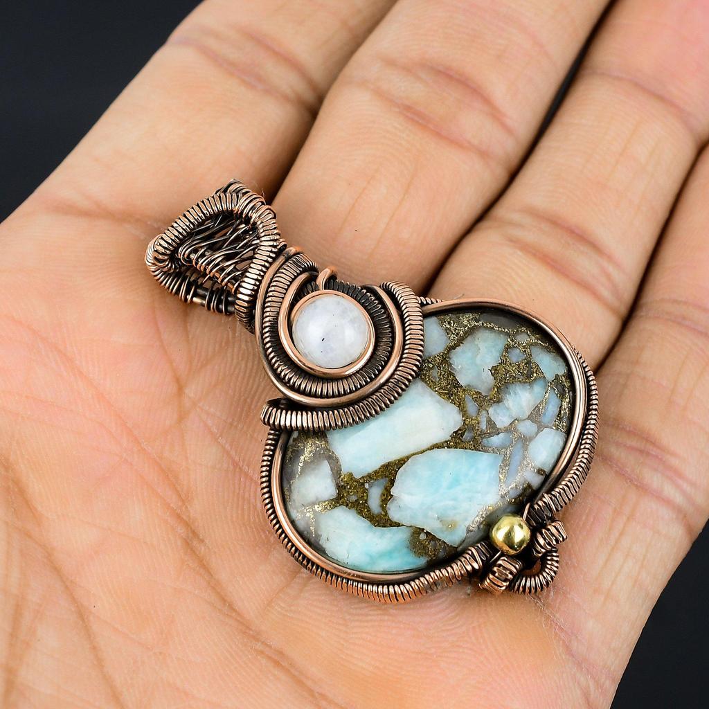 Медный кулон с ларимаром, драгоценный камень, украшения ручной работы, кулон, обернутый медной проволокой 999 пробы, ювелирный подарок для жены