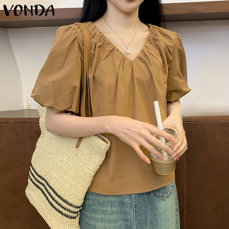 VONDA Women Summer V-Neck Puff Short Sleeve Blouses