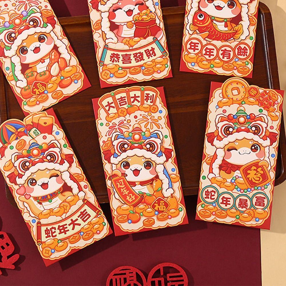 6pcs Traditional 2025 Snake Year Red Envelopes Cartoon Lucky Money Bag Graduation