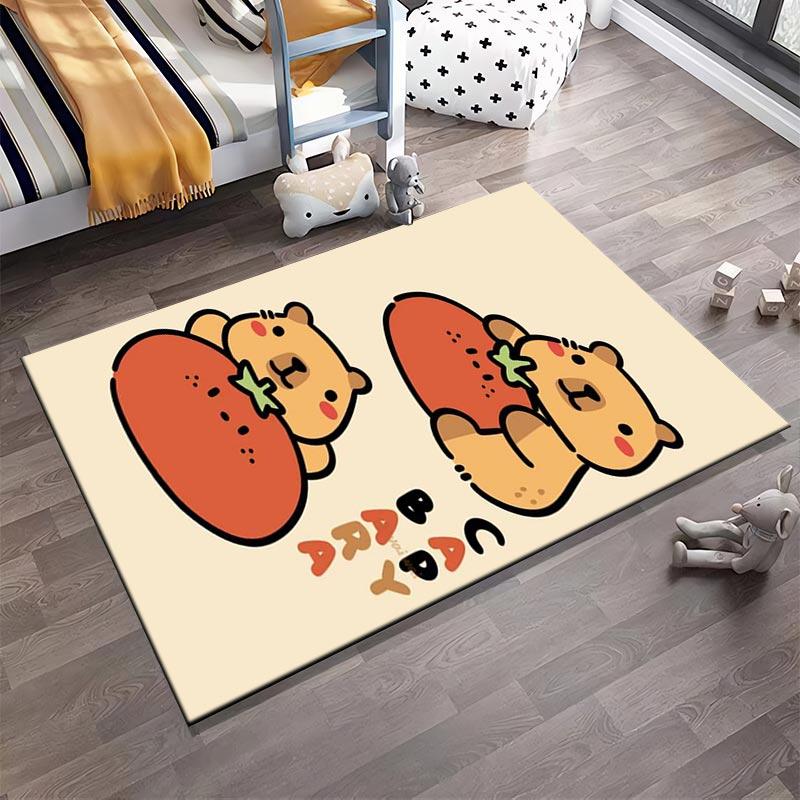Cute Bear Carpet with Tomato Pattern, Beige Cartoon Floor Mat Decor Suitable for use as an anti-slip for living room bedroom sofas