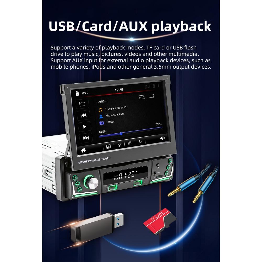 1 Din Автомобильный радиоприемник с электрическим выдвижным экраном Авторадио Универсальный мультимедийный MP5-плеер 7 лампочек Проводной Carplay Bluetooth Автомобильная стереосистема