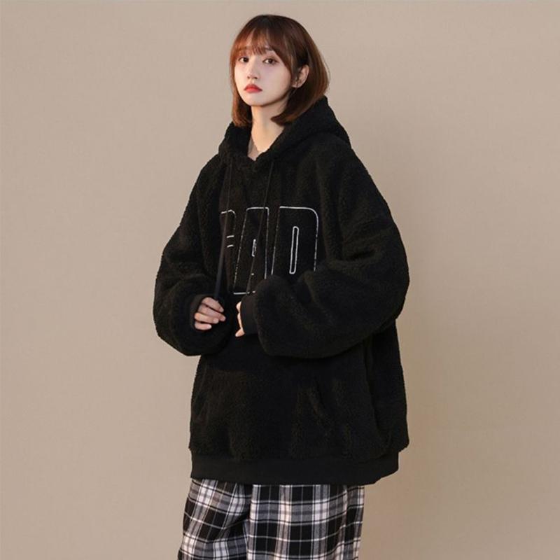 Утолщенный свитер оверсайз, женский осенний стеганый свитер с капюшоном, однотонная плюшевая куртка, свободные удобные мягкие пуловеры, топы