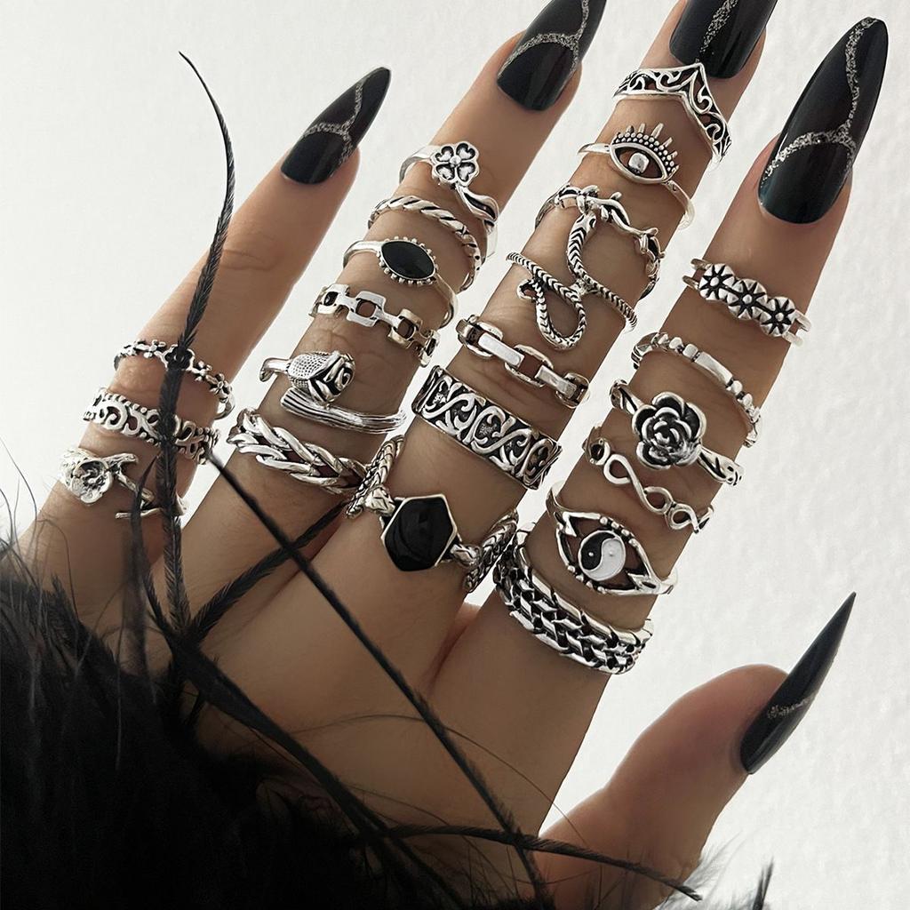 European and American 25-piece Ring Set, Snake Elephant Dripping Oil Gossip Love Leaves Small Flowers Geometric Joint Ring Female