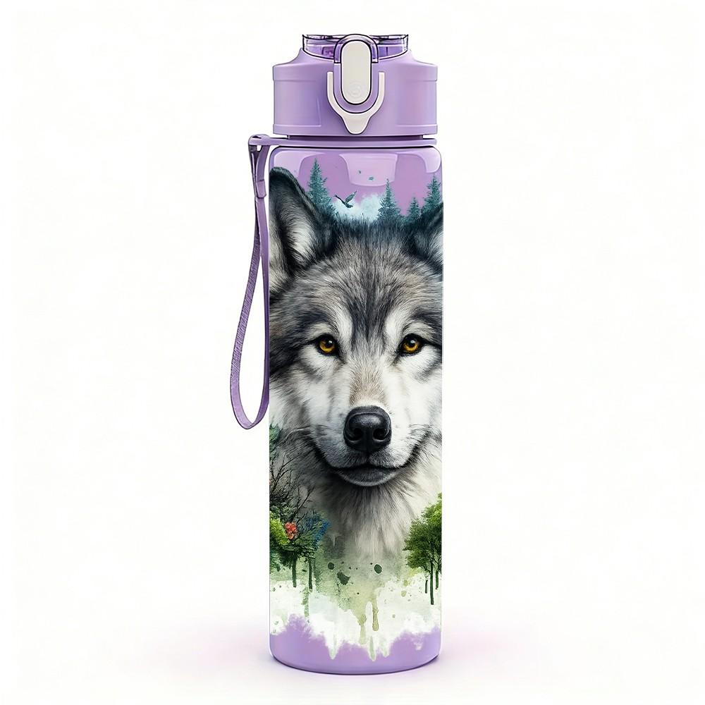1PC Wild Wolf Winter Animal Portrait 750ml Color Plastic Sports Water Bottle Leakproof Flip Straw Lid Suitable for Sports Office Home Use