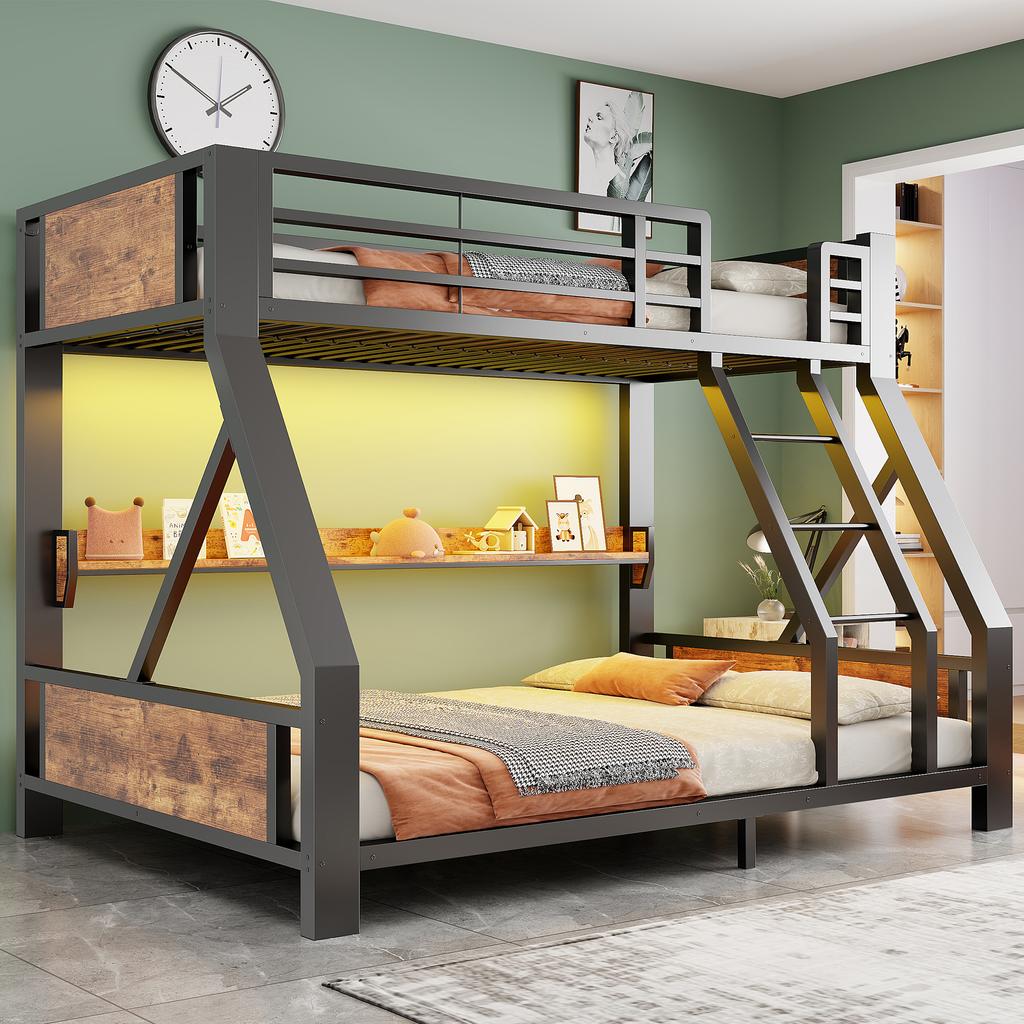 Metal Bunk Bed 90x200 / 140x200 cm, Single Bed Top, Double Bed Bottom, Storage Compartment, LED Lighting, Space-Saving Children's Furniture, Black