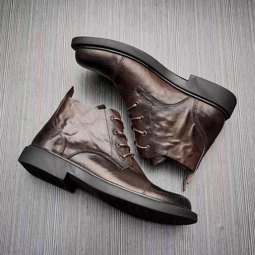 Men's Spring Leather Round-Toe Boots, Comfortable Wear-Resistant High-Top Shoes, Versatile British-Style Large-Size Mid-Top Martin Boots.