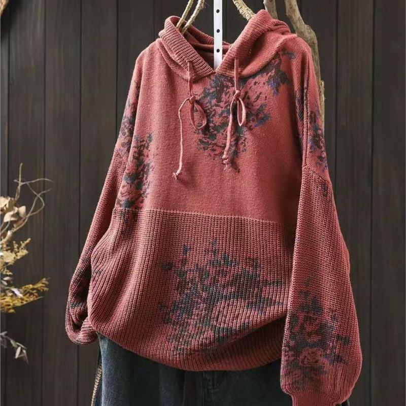 Johnature Женские винтажные вязаные свитера с капюшоном, принтованные цветочные ткани, весенние свободные мягкие свитера с длинным рукавом