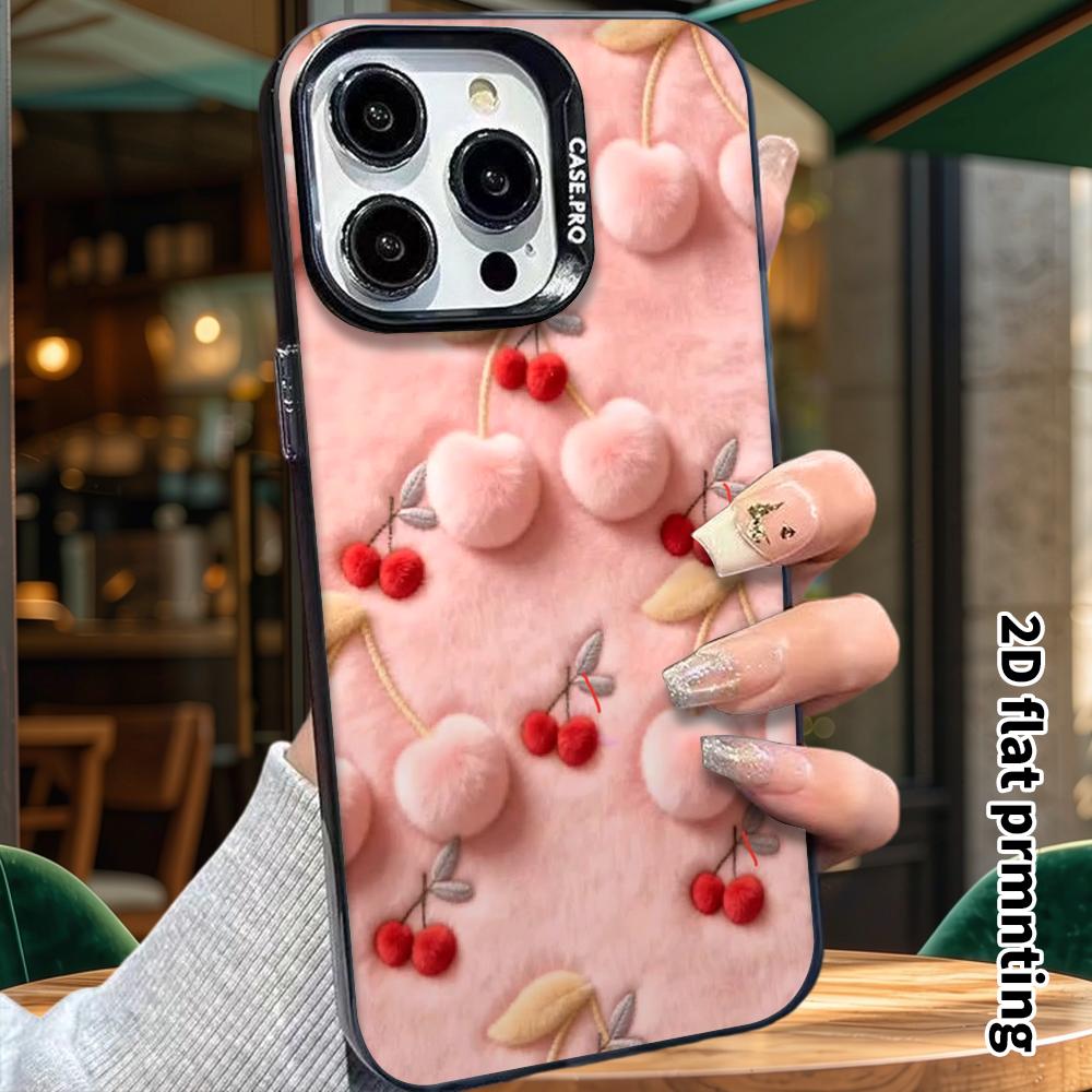 Phone Case: 2D flat design suitable for iPhone 18, 17, 16, 15, 14, 13 Pro, color silver protective case, couple style, pink cherry plush, Christmas an