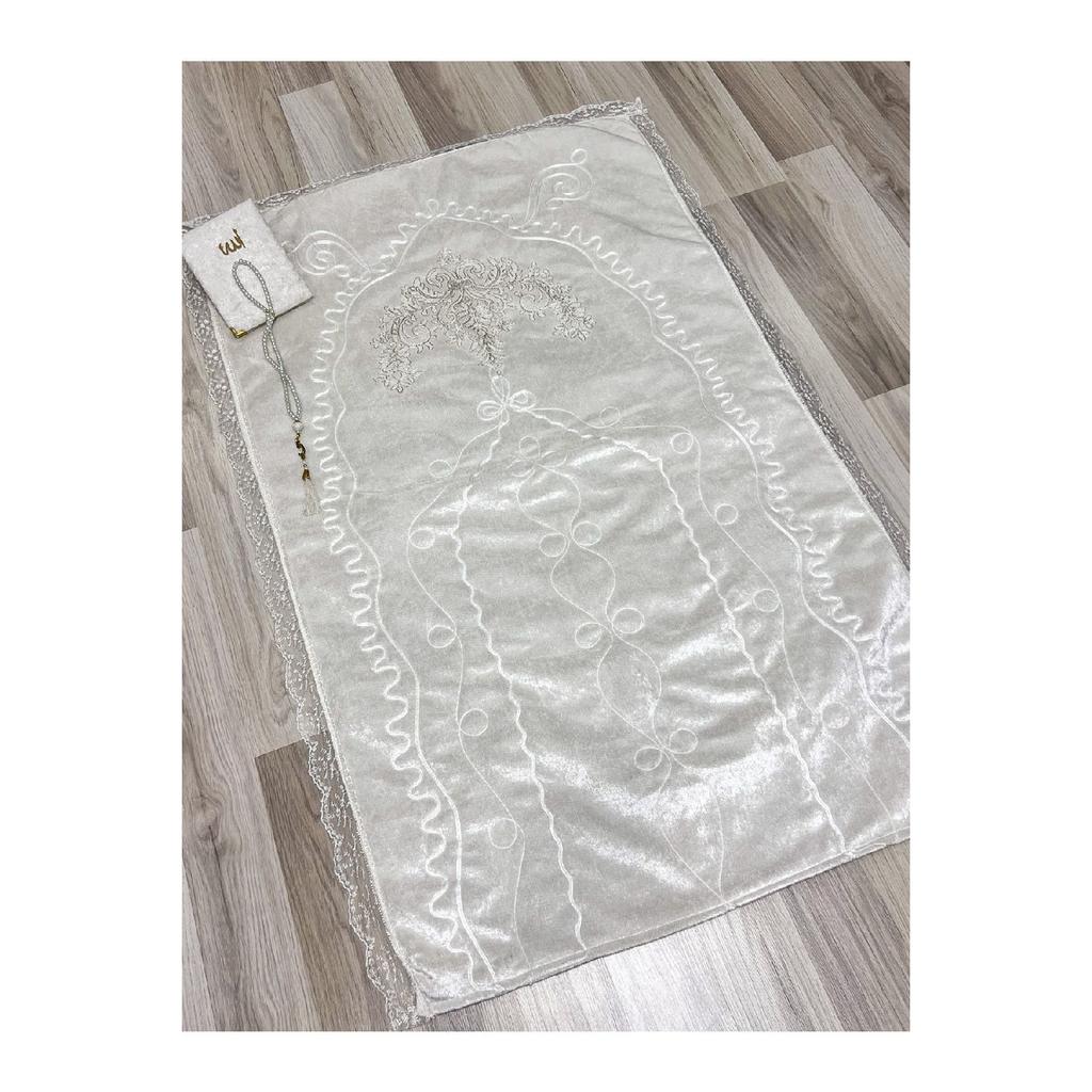 French Laced 3 Piece Embroidered Velvet Dowry Bridal Set Prayer Rug