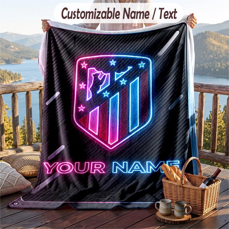Flannel Blanket Atletico Madrid Print Custom Name Text Soft Throw for Sofa Bed