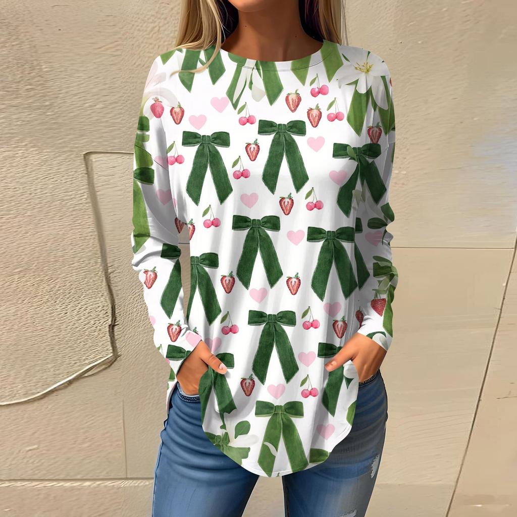 Women's Loose Casual Bow Printed Round Neck Long Sleeved T Shirt Top Pullover Long Sleeved Sweatshirt