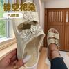 2025 summer new foreign trade platform slippers sewing line round head flower decoration casual slippers women's shoes platform