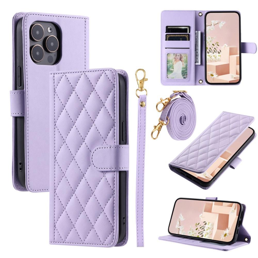 iPhone 16 Pro Rhombus Crossbody Leather Flip Case, Purple