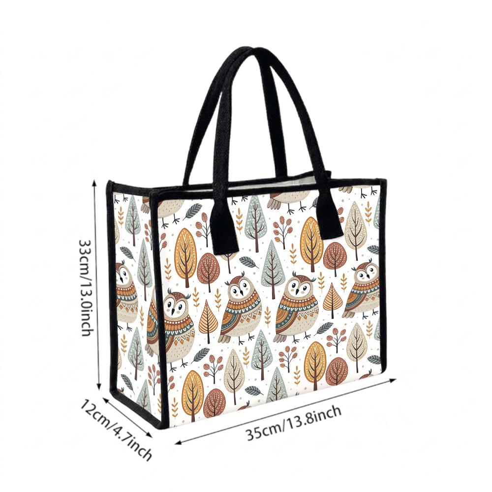 Cute Owl Print Canvas Tote Bag Large Capacity Casual Handbag for Daily Shopping Commute