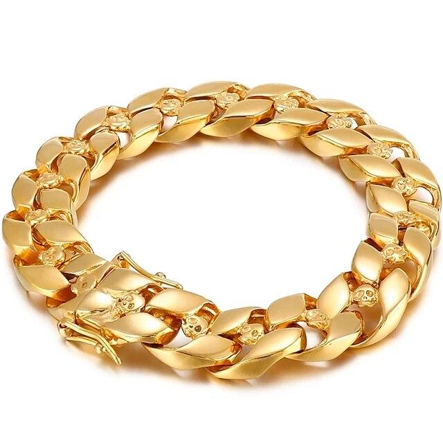 Punk Gothic Stainless Steel Skull Head Curb Chain Bracelet For Men Male 13MM 8.5 Inches Boys Mens Biker Bracelets Dropshipping