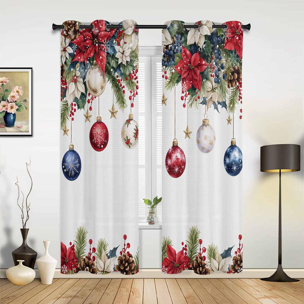 Blue Christmas Tree Christmas Ball Snowflake Print Curtains Bedroom Living Room Drapes Kitchen Window Curtain Home Decoration
