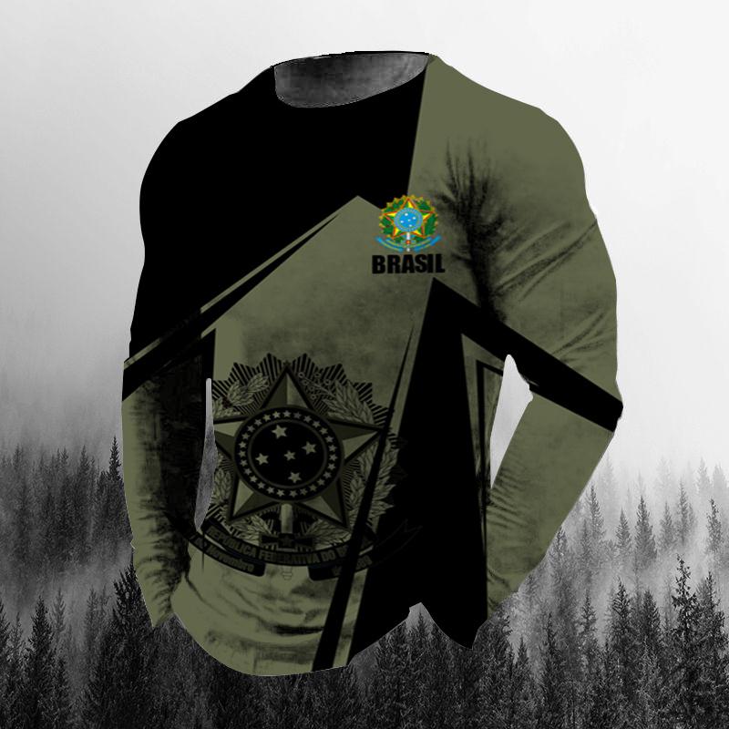 Винтажная осенняя мужская футболка с 3D принтом бразильского флага и круглым вырезом, повседневная футболка большого размера с длинными рукавами, модный пуловер, мужская одежда